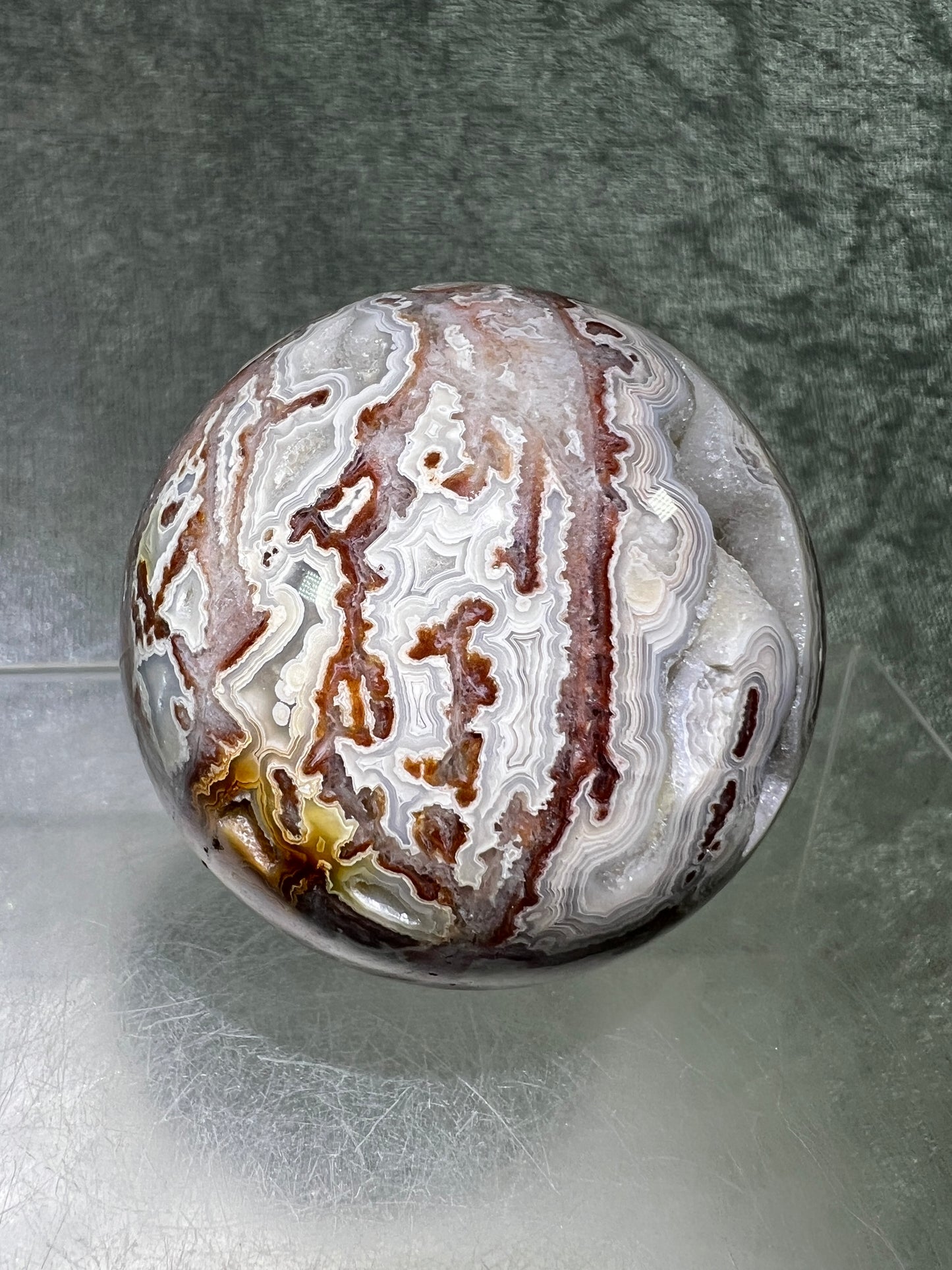 Mexican Crazy Lace Agate Sphere. Gorgeous High Quality With Amazing Druzy And Patterns. Rare Shades Of Pink.