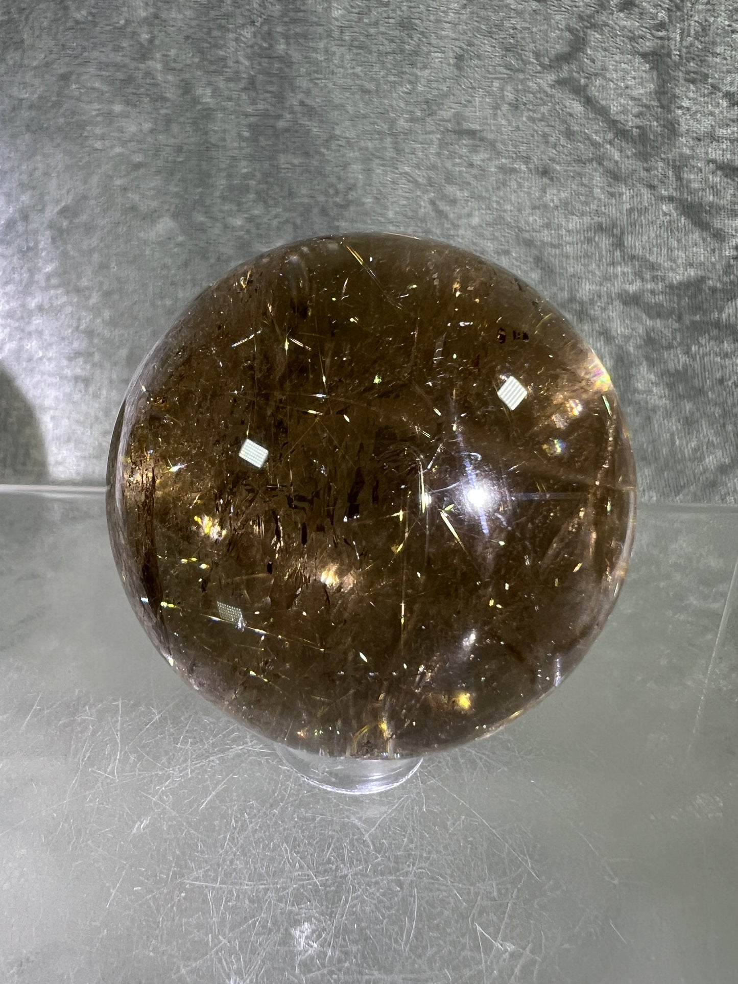 Rutile Quartz Sphere. Gorgeous Smoky Quartz With Stunning Golden Rutile Inclusions. High Quality Display Sphere.
