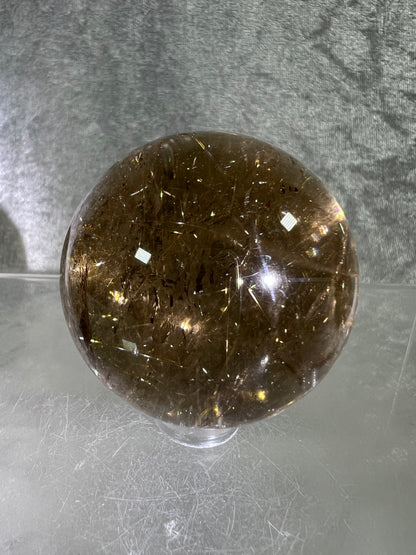 Rutile Quartz Sphere. Gorgeous Smoky Quartz With Stunning Golden Rutile Inclusions. High Quality Display Sphere.