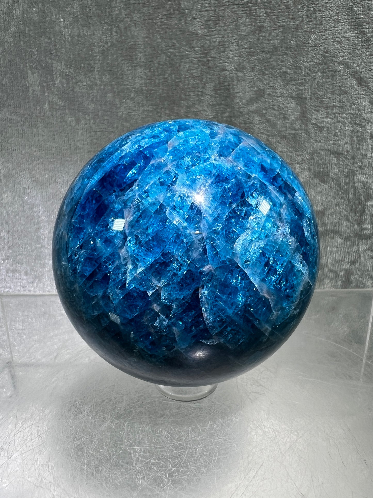Blue Apatite Crystal Sphere. 60mm. Gorgeous Deep Blue With Lots Of Iridescent Flash. High Quality Display Sphere