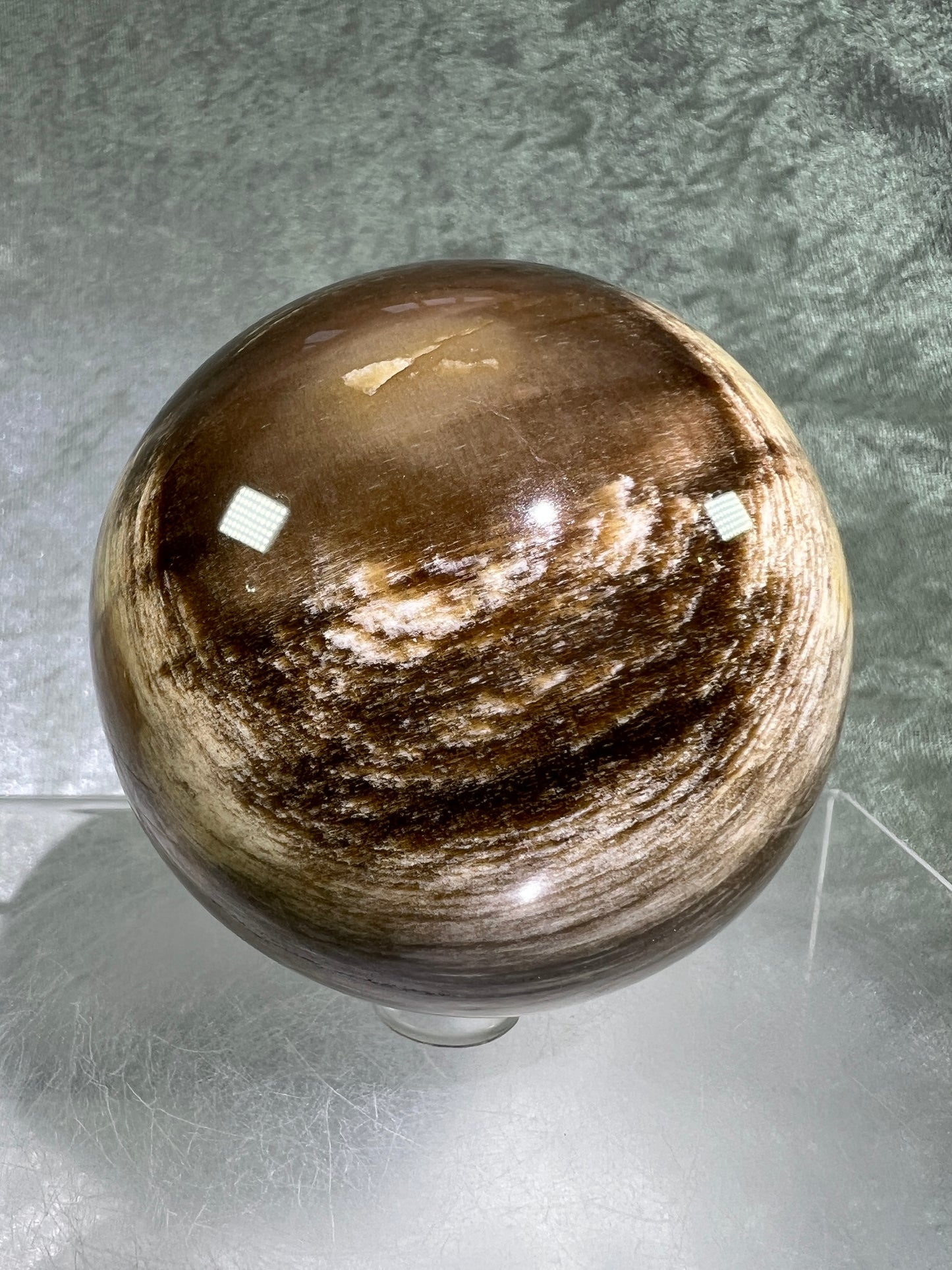 Petrified Wood Sphere. 74mm. Gorgeous Rare Display Sphere From Madagascar. Stunning Colors And Patterns.