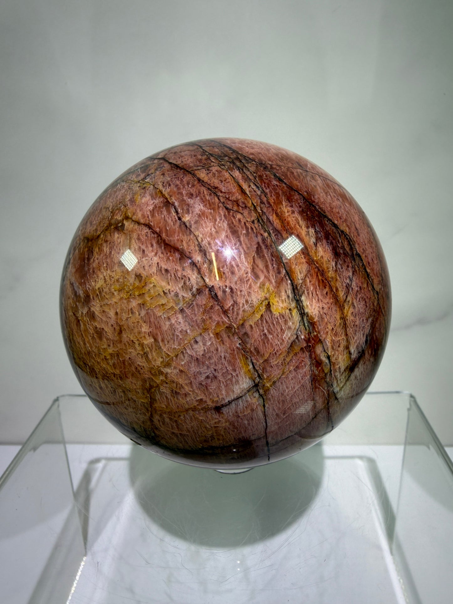 Pink Amazonite Crystal Sphere. 76mm. Stunning Colors And Flash. Gorgeous Rare Display Sphere.