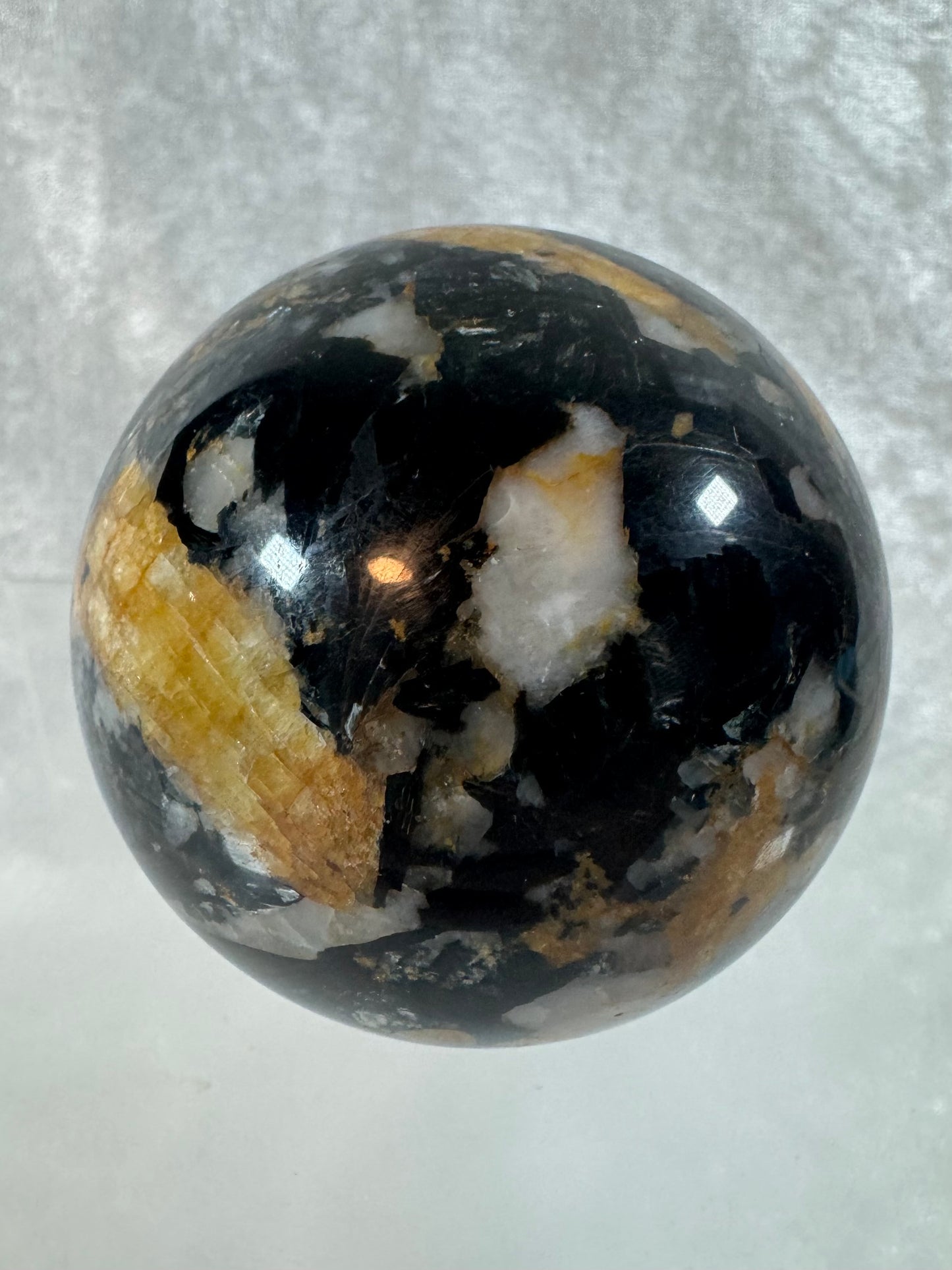Yellow Tourmaline And Black Mica Sphere. 62mm. Rare New Discovery. Stunning And Flashy Display Sphere.