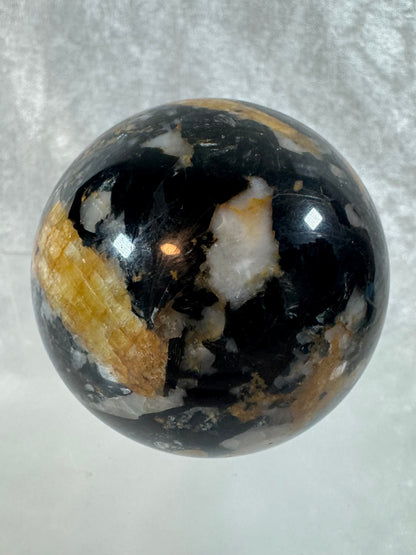 Yellow Tourmaline And Black Mica Sphere. 62mm. Rare New Discovery. Stunning And Flashy Display Sphere.