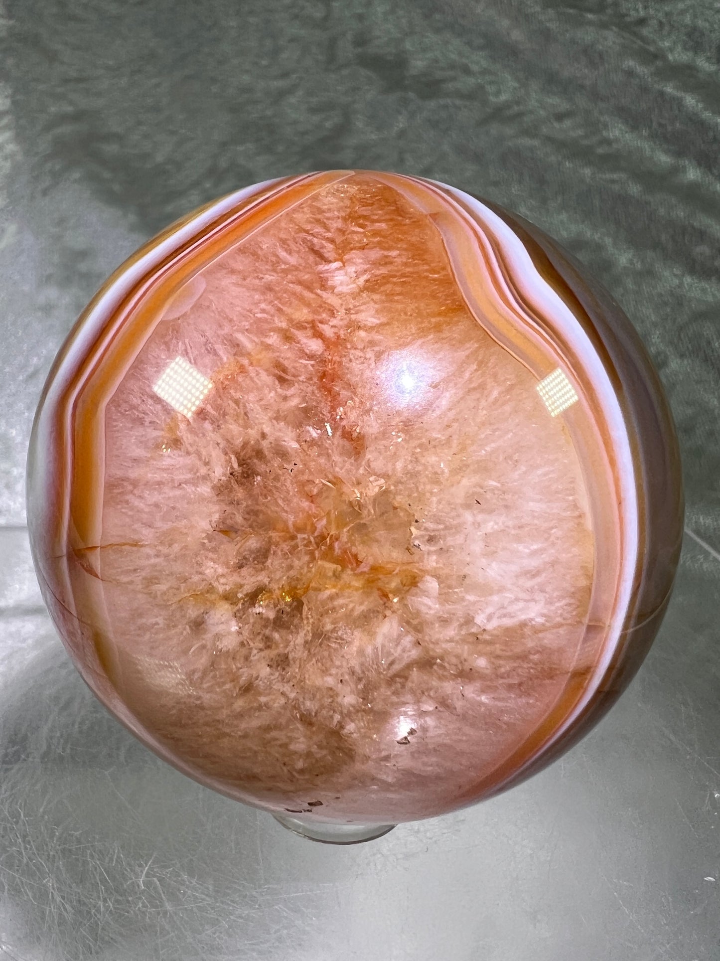 Carnelian Agate Sphere. 63mm. Gorgeous High Quality Display Sphere. Incredible Colors And Banding