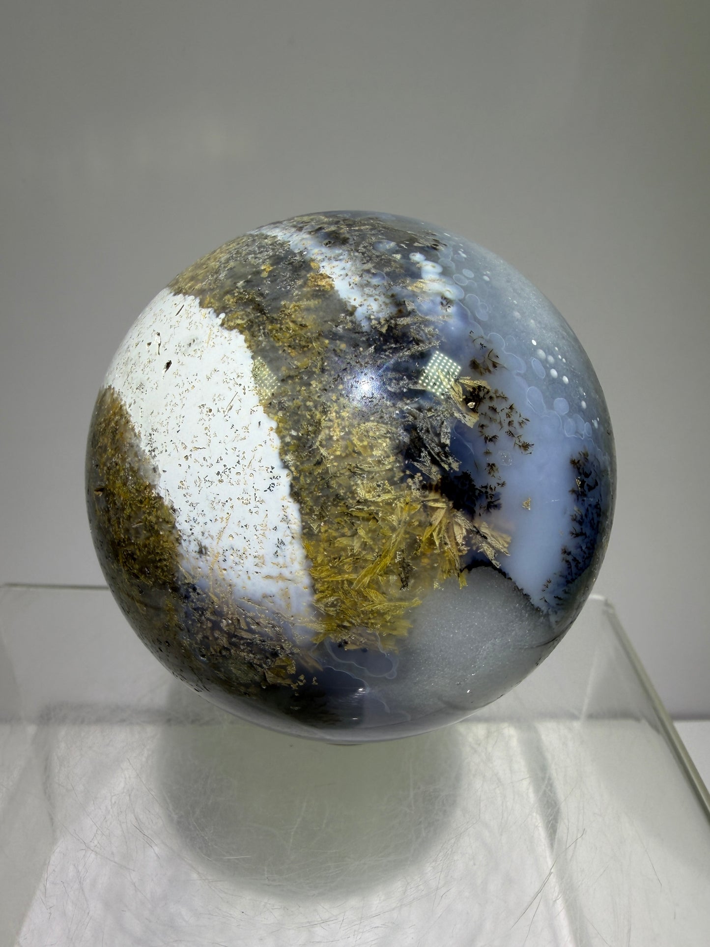 Sagenite Crystal Sphere. 66mm. Incredible Sagenite Plumes With Dendritic Agate. Rare And Unique Crystal Display Sphere