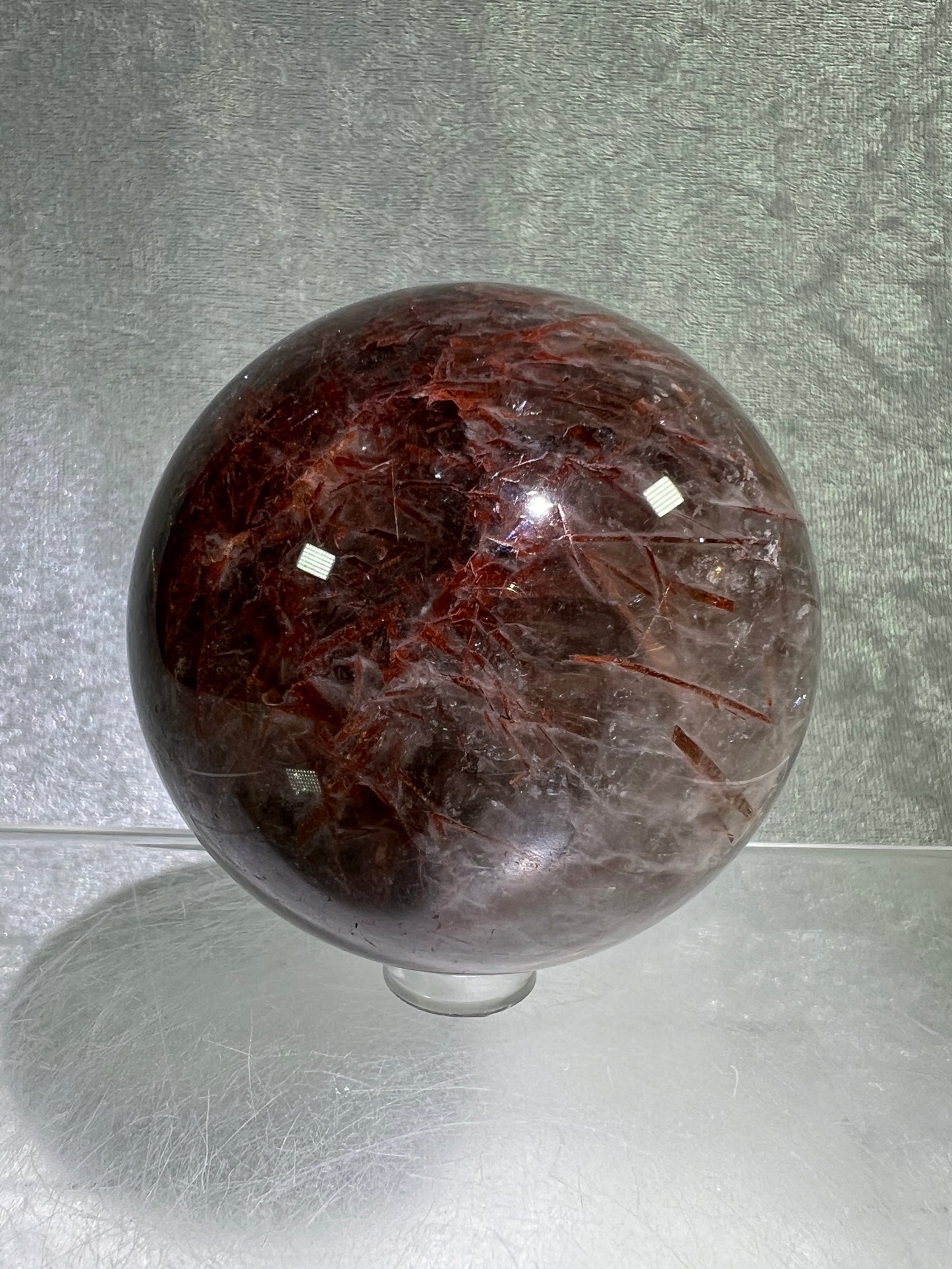 Tourmalinated Quartz Sphere. 66mm. Gorgeous Red Tourmaline Inclusions. Unique And Rare Display Sphere.