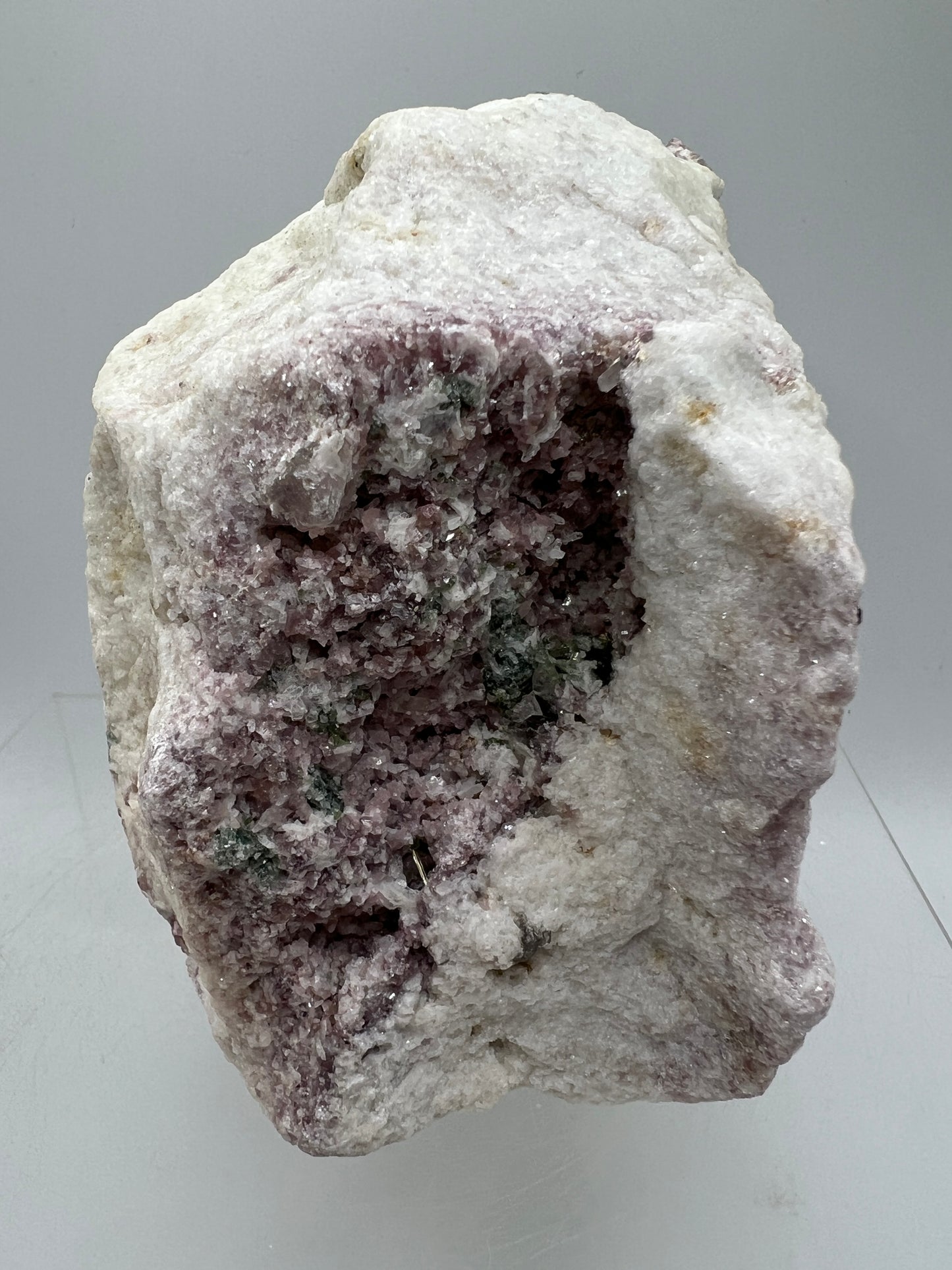Lepidolite and Green Tourmaline Specimen. Gorgeous Mineral Cluster From Brazil. Lots Of Flash And Crystallization. Beautiful Color Contrasts.