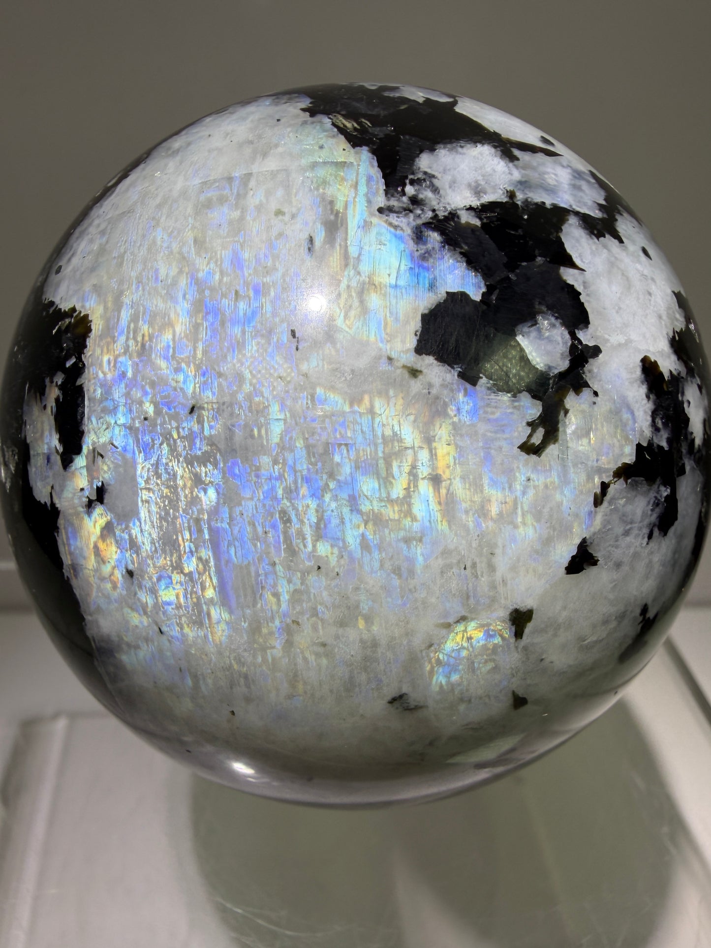 Rainbow Moonstone Sphere. 71mm. Rare Rainbow And Blue Flash! High Quality Display Sphere