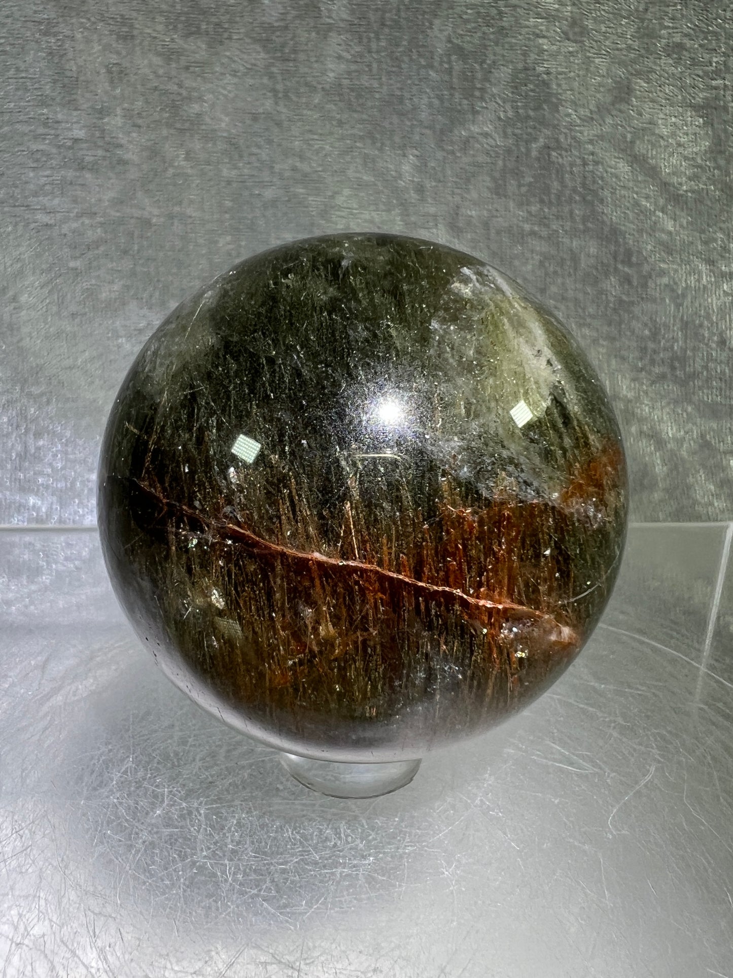 Tourmalinated Quartz Sphere. 52mm. Gorgeous Red And Green Tourmaline Inclusions. Rare And Unique Display Sphere.