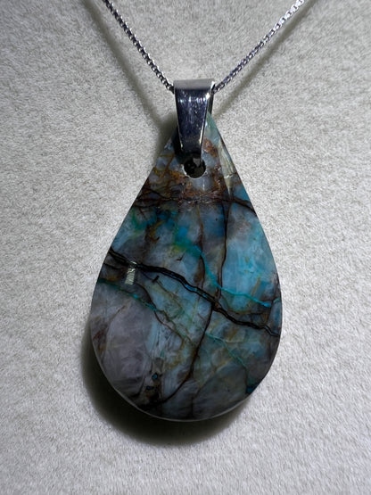 Chrysocolla Fresco Pendant. Limited And Stunning Fresco Patterns. Gorgeous High Quality Crystal. S925 Silver Necklace Included