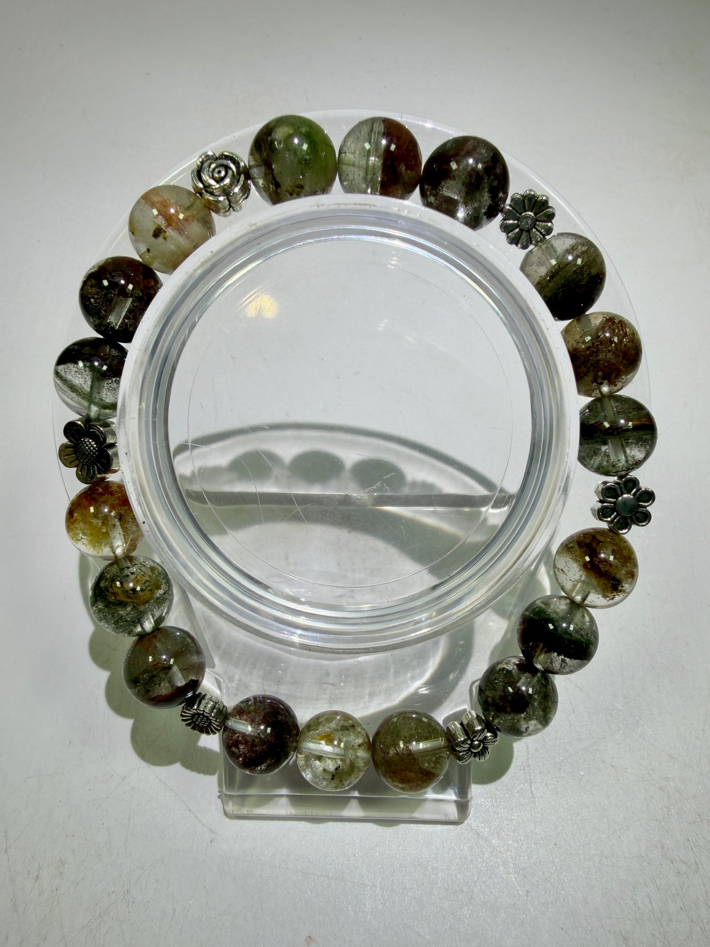 Garden Quartz Crystal Bead Bracelet. Incredible Lodolite Bracelet. 9.5mm. Amazing Flower Spacers.