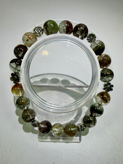 Garden Quartz Crystal Bead Bracelet. Incredible Lodolite Bracelet. 9.5mm. Amazing Flower Spacers.