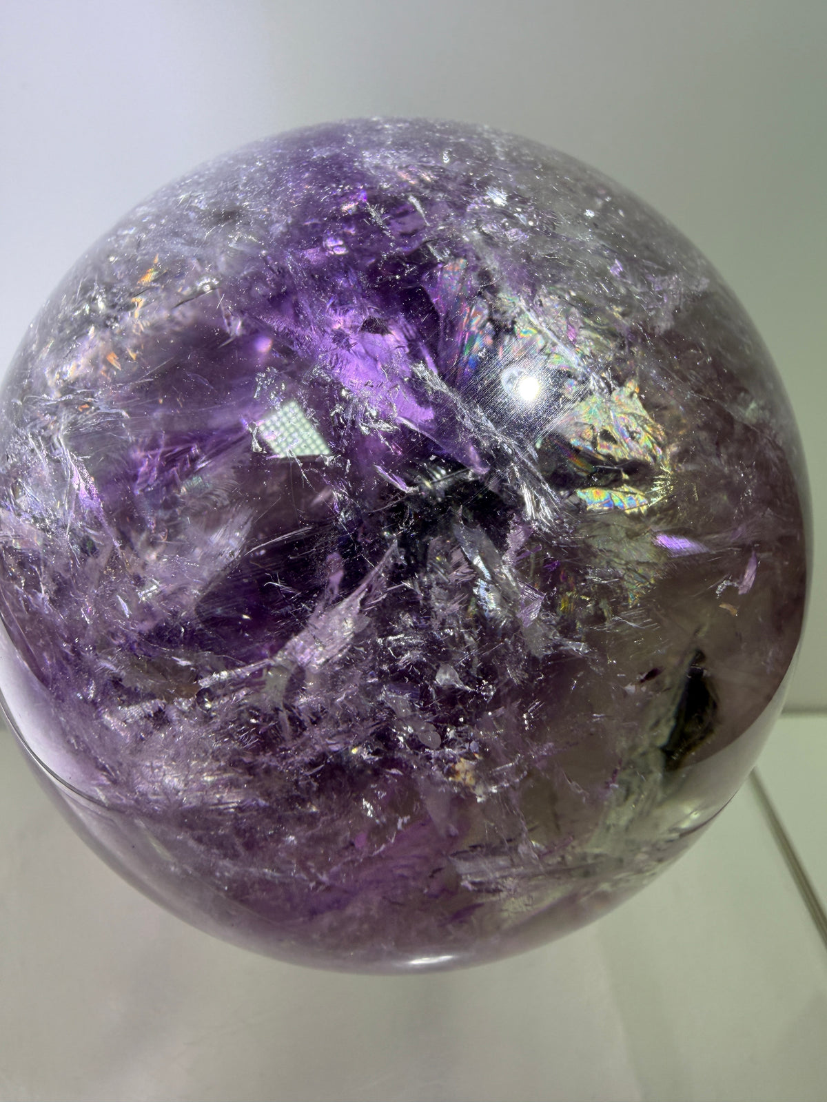 Phantom Amethyst Sphere. 74mm. Gorgeous Amethyst With Nice Rainbows. Amazing Display Sphere.
