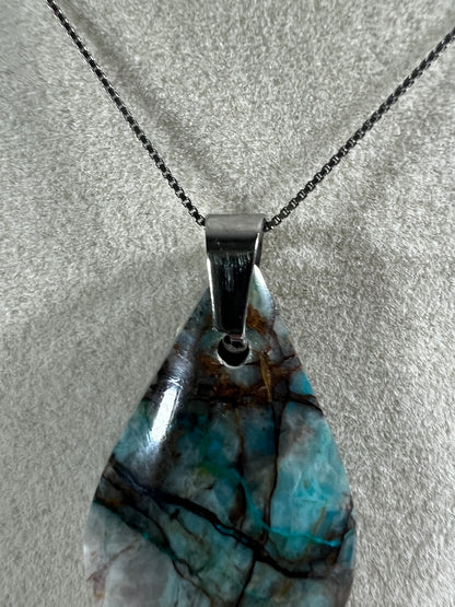 Chrysocolla Fresco Pendant. Limited And Stunning Fresco Patterns. Gorgeous High Quality Crystal. S925 Silver Necklace Included