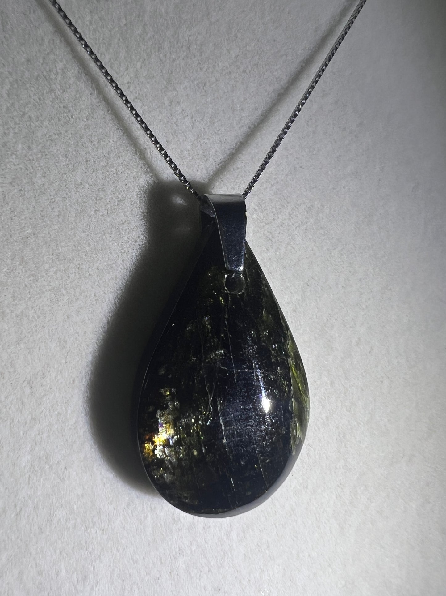 Epidote Teardrop Pendant. High Quality Gorgeous Epidote With Internal Fire From Peru. Amazing Yellow Flash. Includes S925 Silver Necklace.
