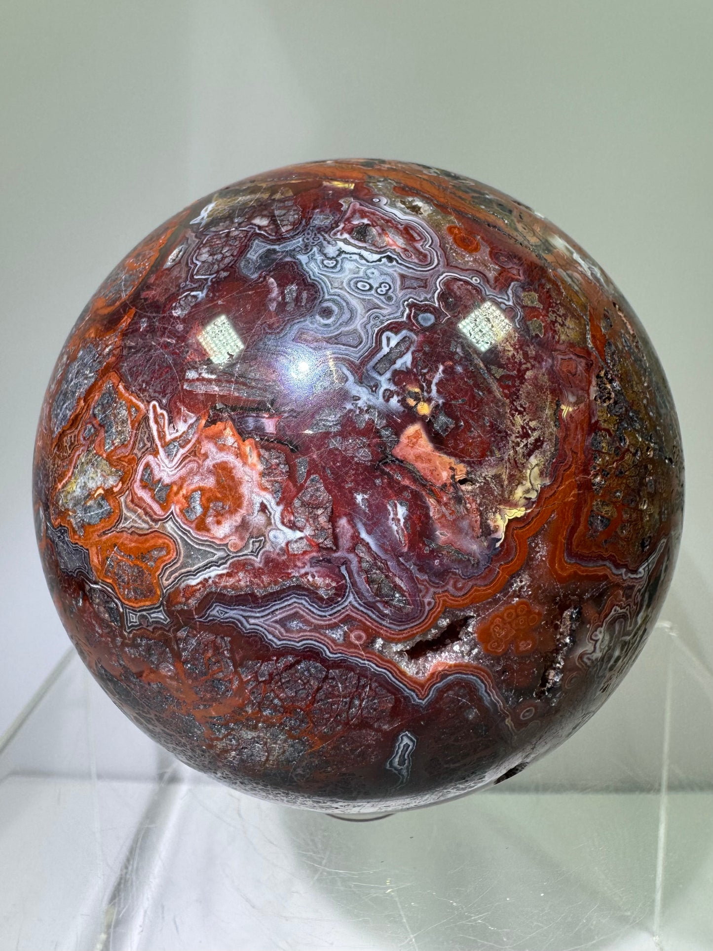 Mexican Crazy Lace Agate Sphere. 78mm. Deep Rich Colors With Stunning Patterns. Large Display Sphere.