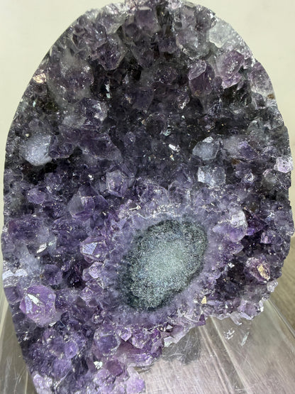 Amethyst Cut Base Geode. World Class Uruguayan Specimen With A Stalactite Eye. Stunning Top Quality Display Crystal.