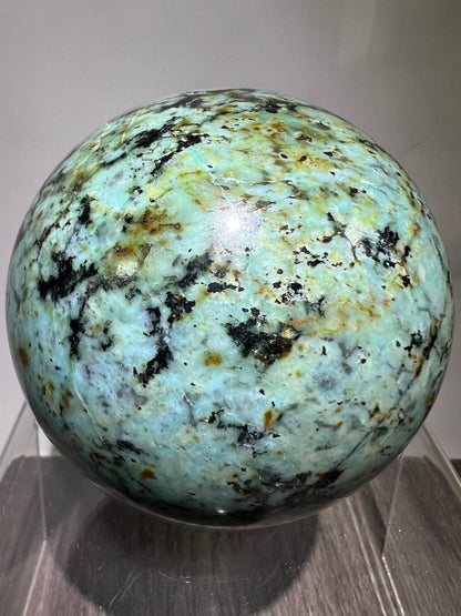 African Turquoise Crystal Sphere. 74mm. Incredible Chrysocolla From South Africa. Very Rare Display Sphere.