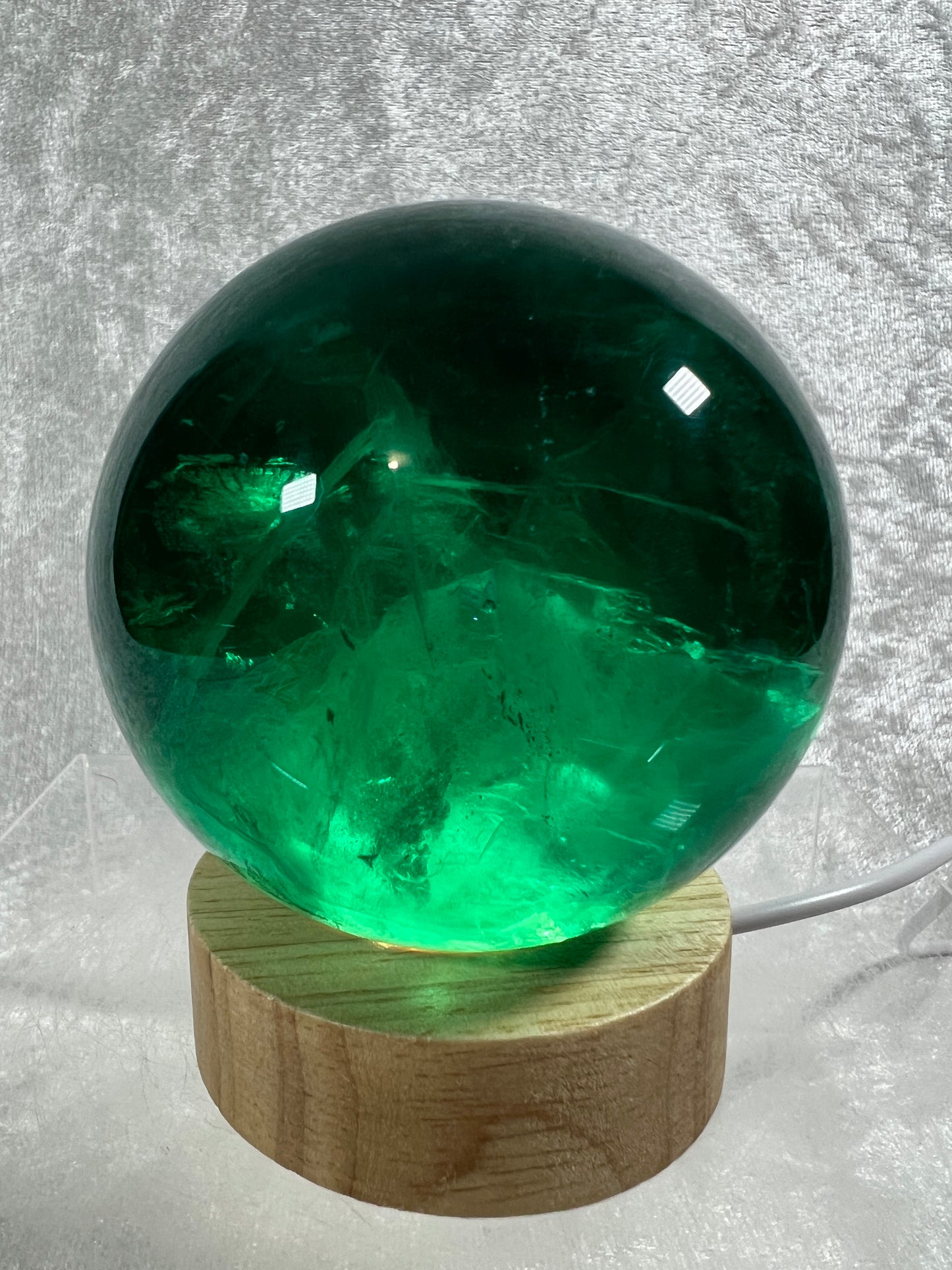 Green Fluorite Sphere. 76mm. Rare Emerald Green Fluorite. Comes With A White Light Stand. Gorgeous High Quality Crystal