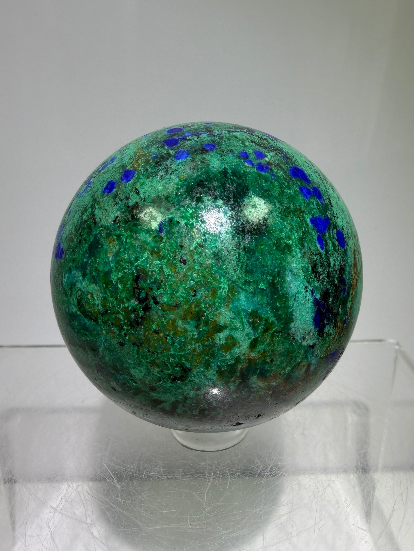 Azurite and Malachite Crystal Sphere. 56mm. Beautiful Deep Colors And Patterns. Stunning Rare Display Piece!