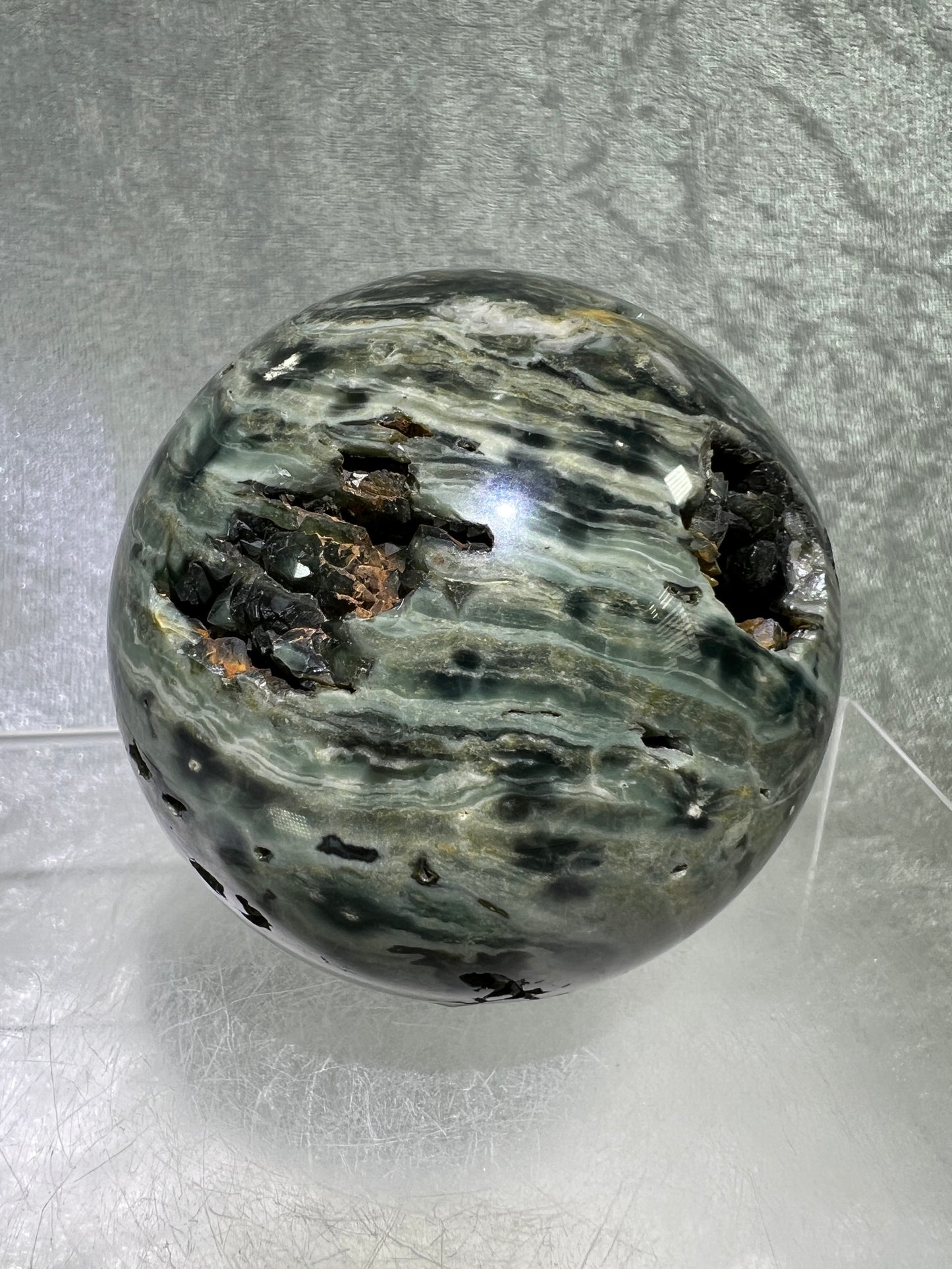 Ocean Jasper Sphere. 69mm. Very Cool Green Druzy. Stunning And Unique Display Sphere.