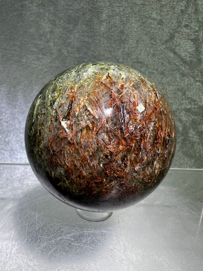 Tourmalinated Quartz Sphere. 57mm. Gorgeous Green And Red Tourmaline Inclusions. High Quality Rare Display Sphere.