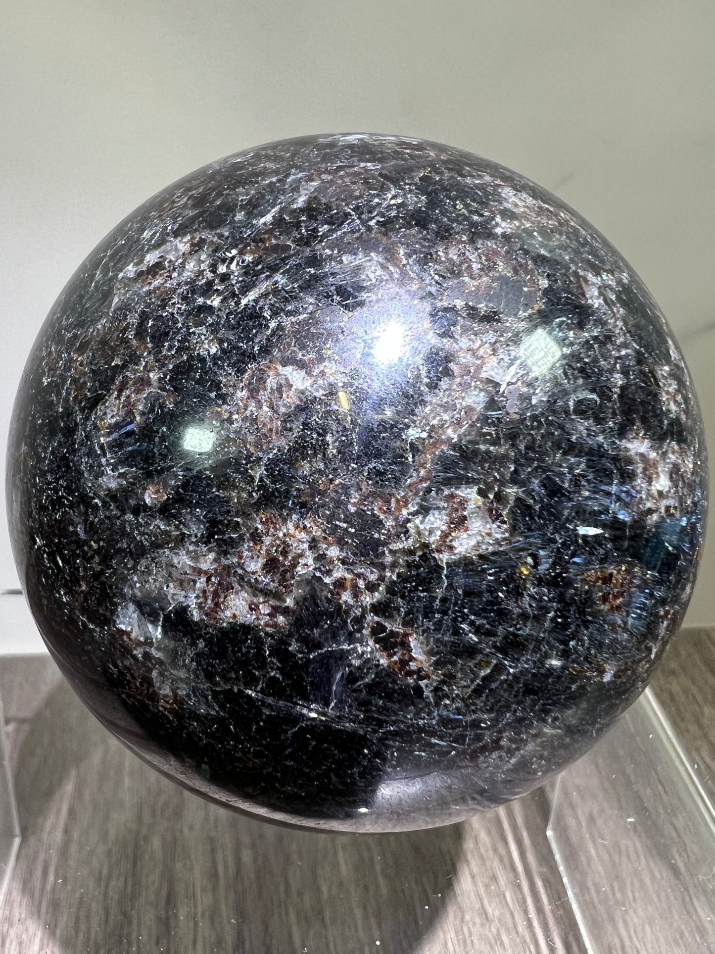 Arfvedsonite Crystal Sphere. 70mm. Flashy Blue Fireworks Jasper Sphere. Large Display Sphere With Great Flash
