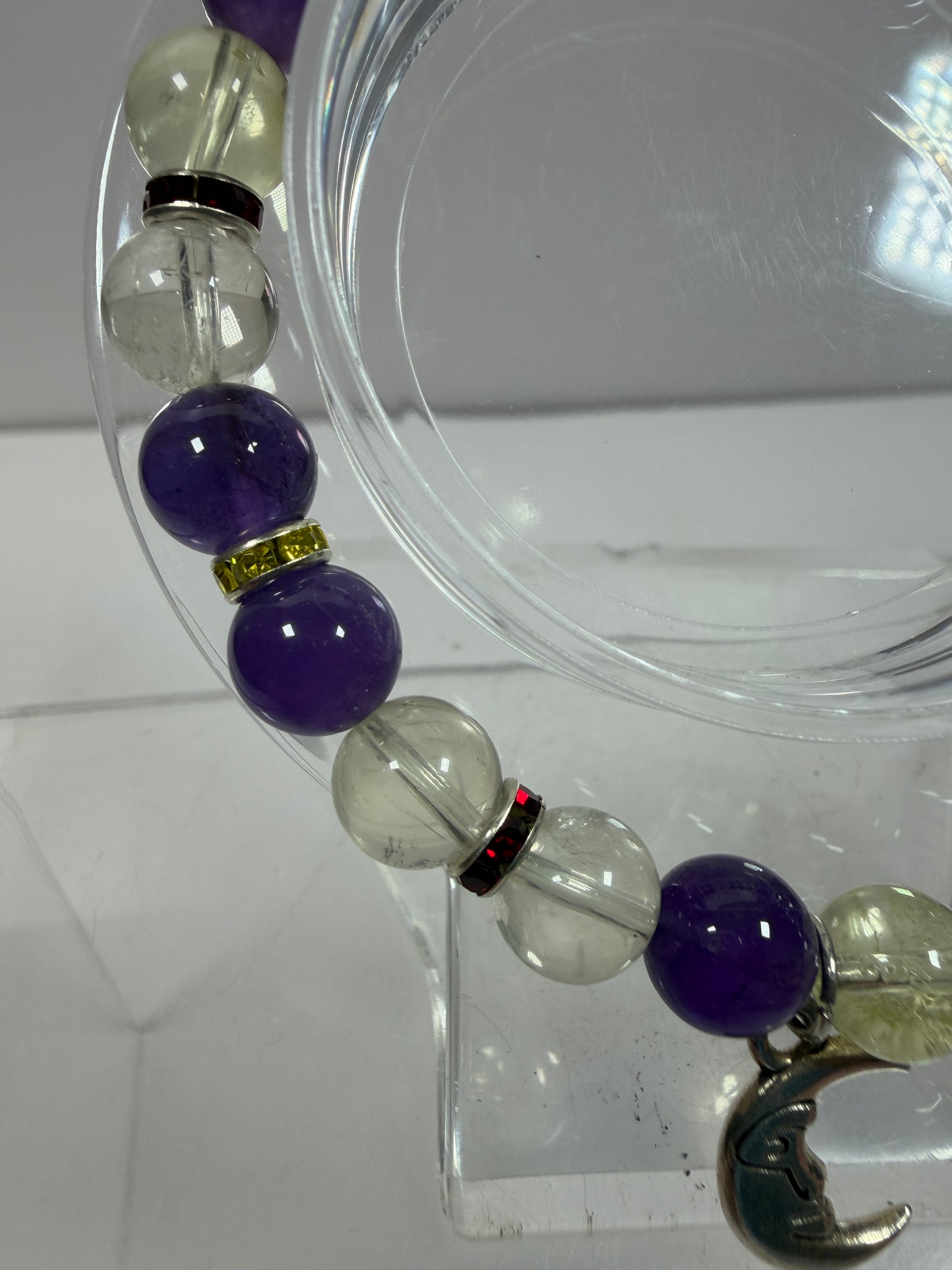 Amethyst And Citrine Crystal Bead Bracelet. 8mm. High Quality Bracelet With Amazing Spacers And Moon Charm.