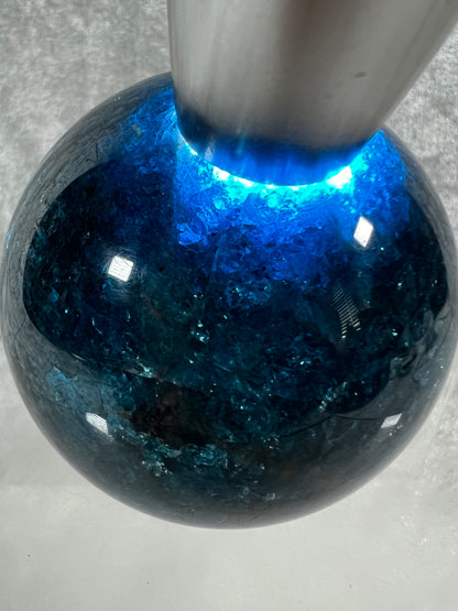 Blue Apatite Crystal Sphere. 66mm. Gorgeous Bright Blue With Lots Of Iridescent Flash. High Quality Display Sphere