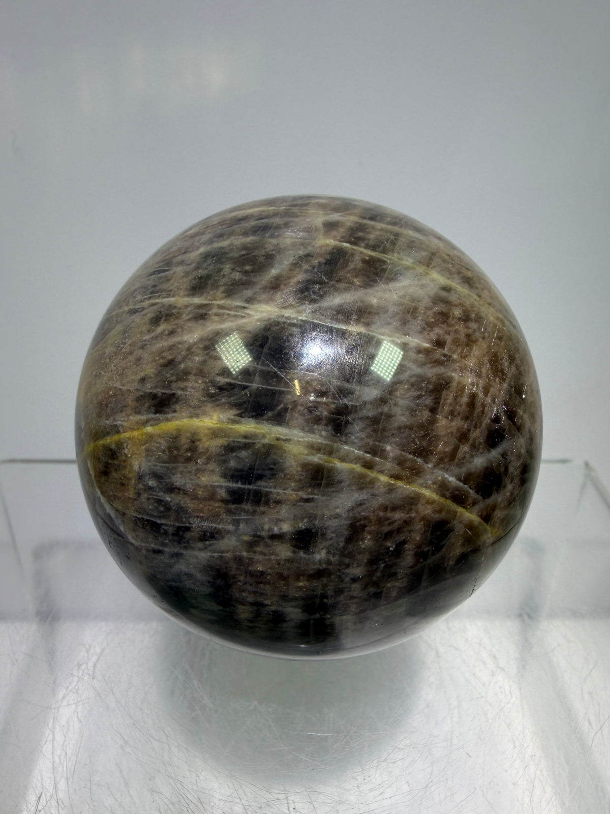 Black Moonstone Crystal Sphere. 55mm. Stunning Bright Silver Flash. High Quality Display Sphere