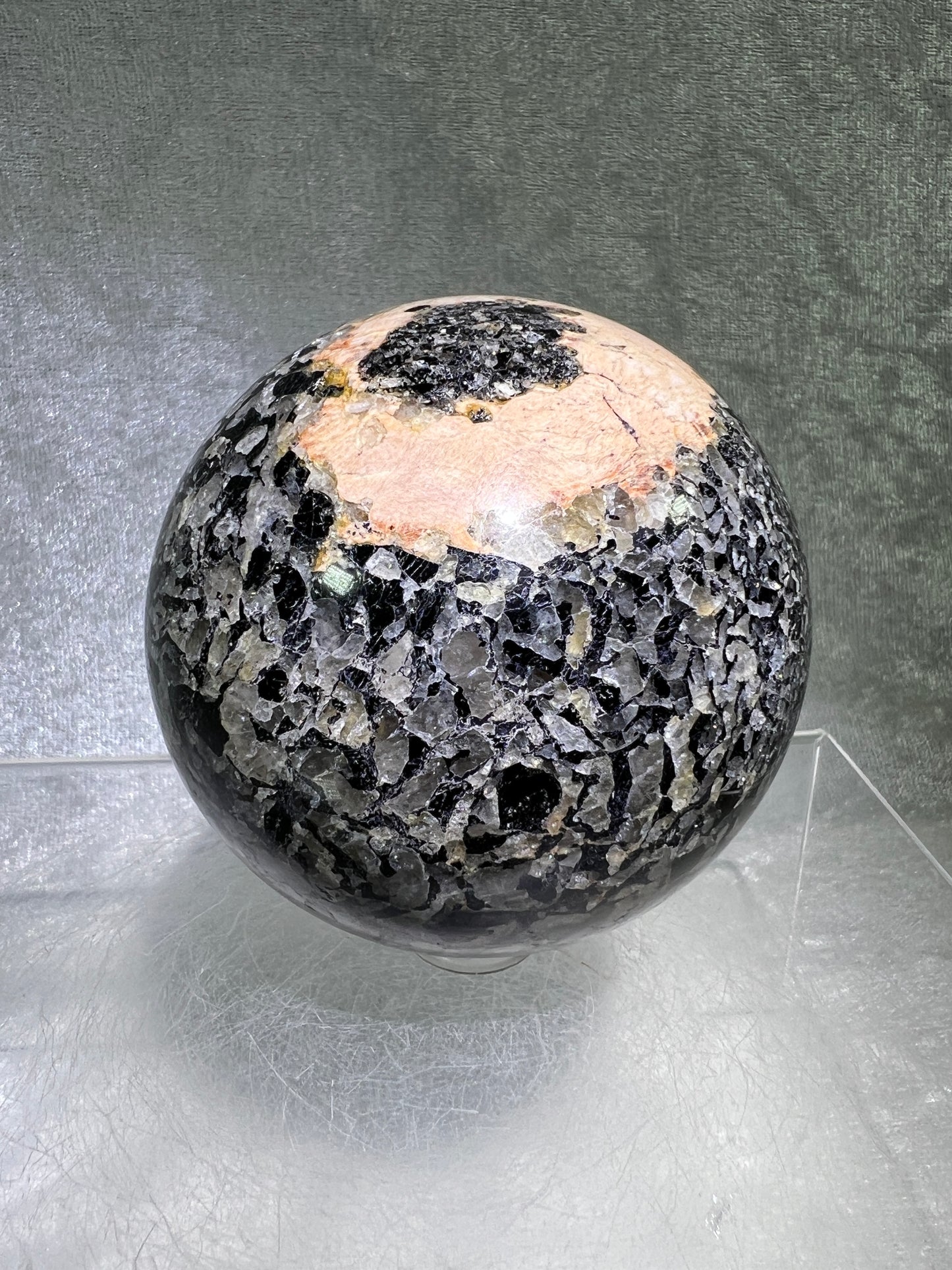 Black Tourmaline And Calcite Sphere. 71mm. Beautiful Display Sphere With Amazing Colors And Patterns.