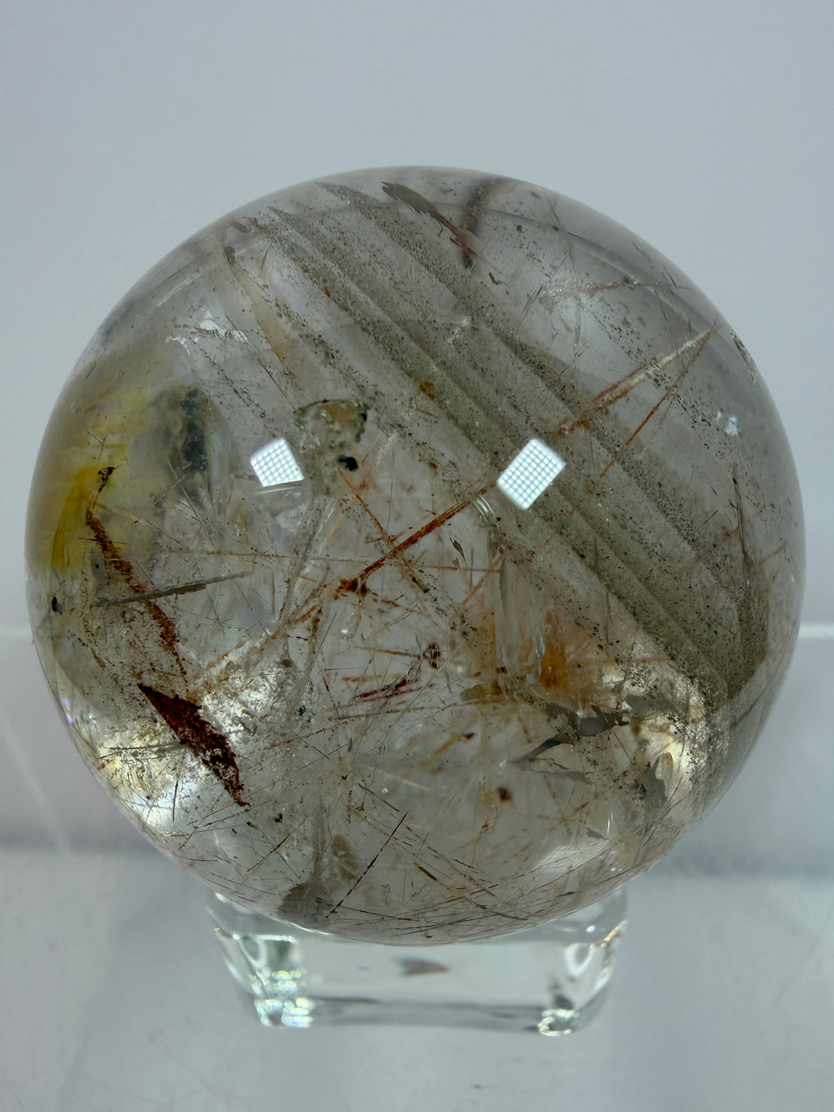 Rutile And Tourmaline Quartz Sphere. 43mm. Incredible Rainbows, With Phantoms And Spots Of Lodolite. Very Rare Display Sphere