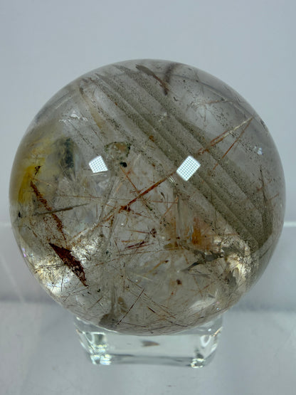 Rutile And Tourmaline Quartz Sphere. 43mm. Incredible Rainbows, With Phantoms And Spots Of Lodolite. Very Rare Display Sphere