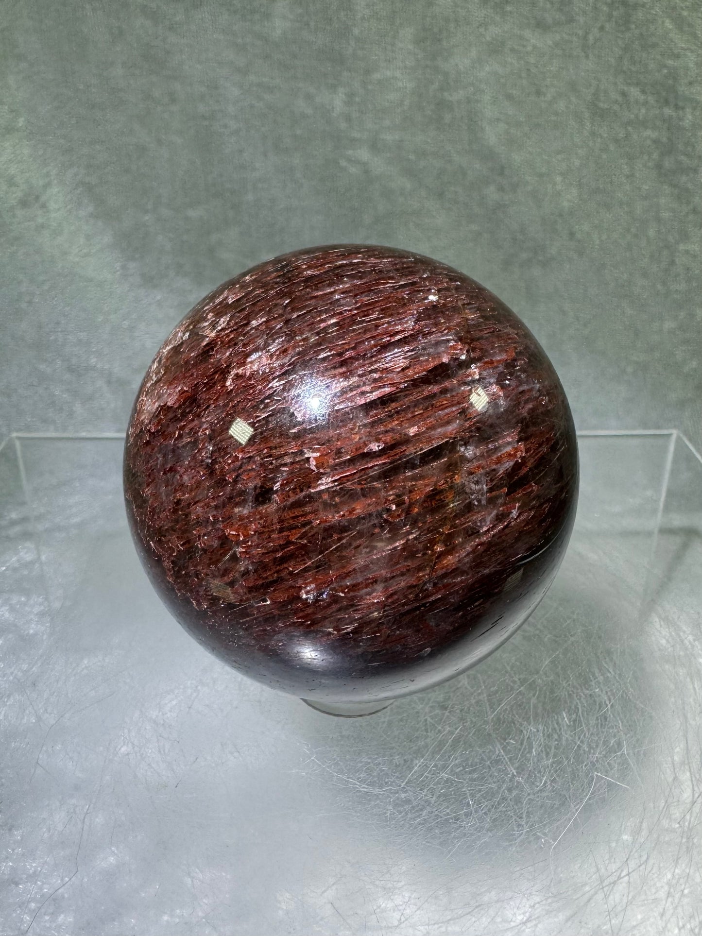 Tourmalinated Quartz Sphere. 54mm. Gorgeous Red Tourmaline Inclusions. Unique And Rare Display Sphere.