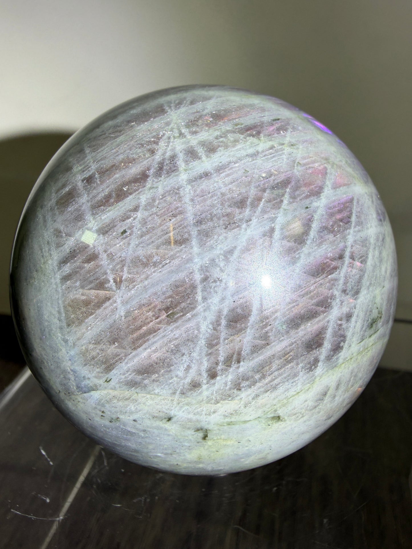 Labradorite Crystal Sphere. 61mm. Stunning Pink Rainbow Flash. Gorgeous Display Sphere.
