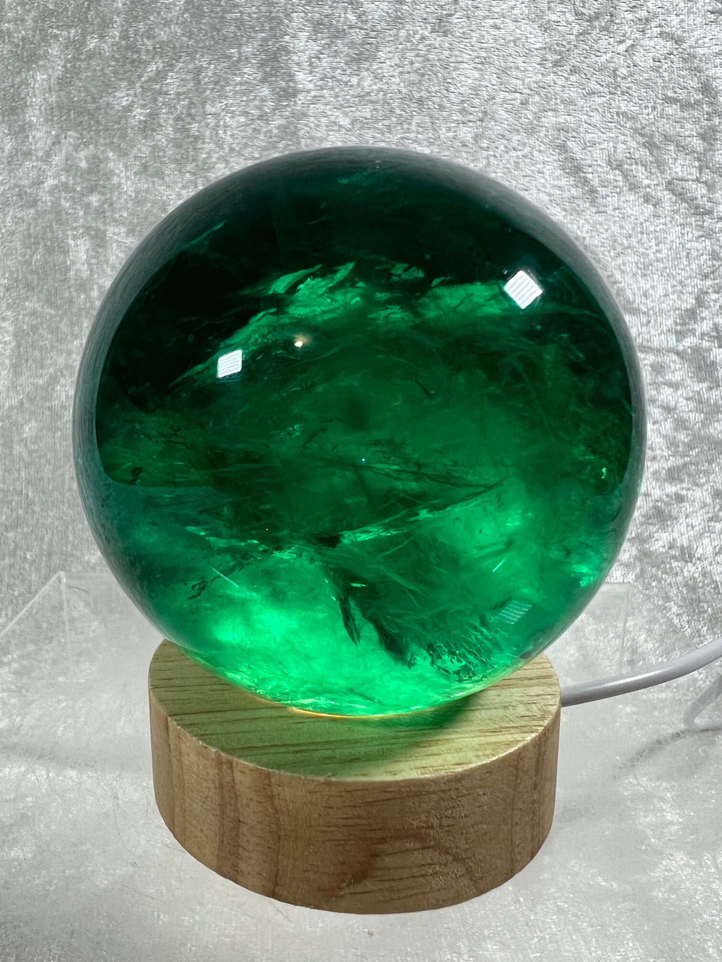 Green Fluorite Sphere. 76mm. Rare Emerald Green Fluorite. Comes With A White Light Stand. Gorgeous High Quality Crystal