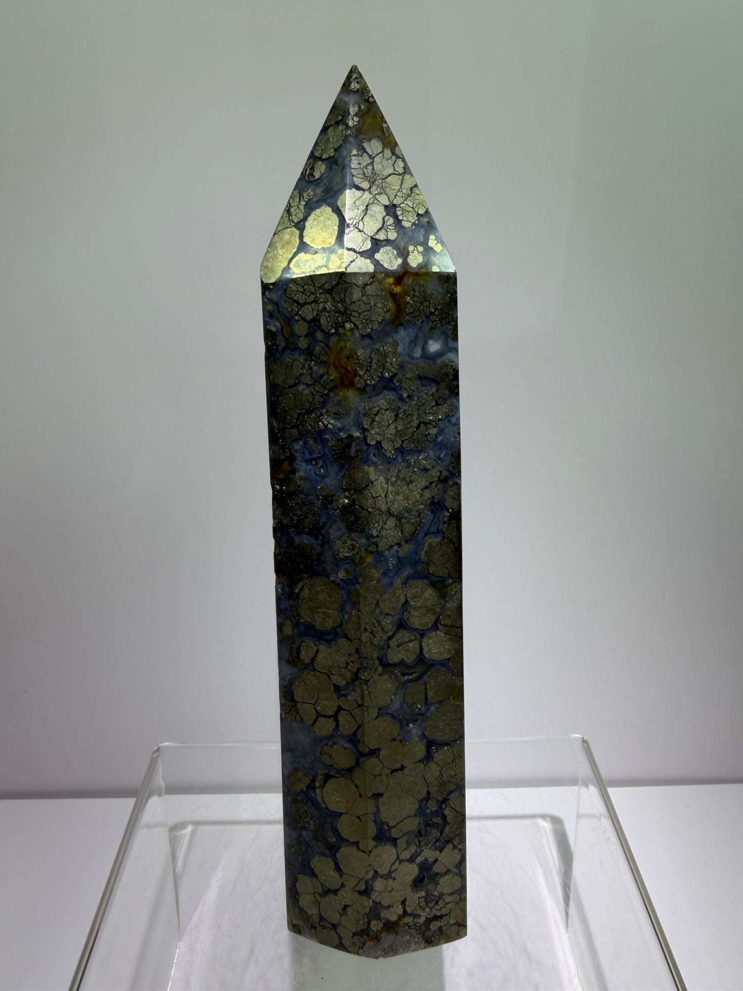 Pyrite And Chalcedony Druzy Tower. 6.75 Inches. Beautiful Display Tower With Stunning Druzy