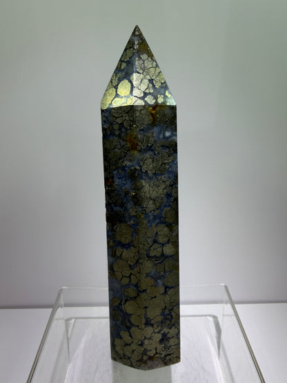 Pyrite And Chalcedony Druzy Tower. 6.75 Inches. Beautiful Display Tower With Stunning Druzy