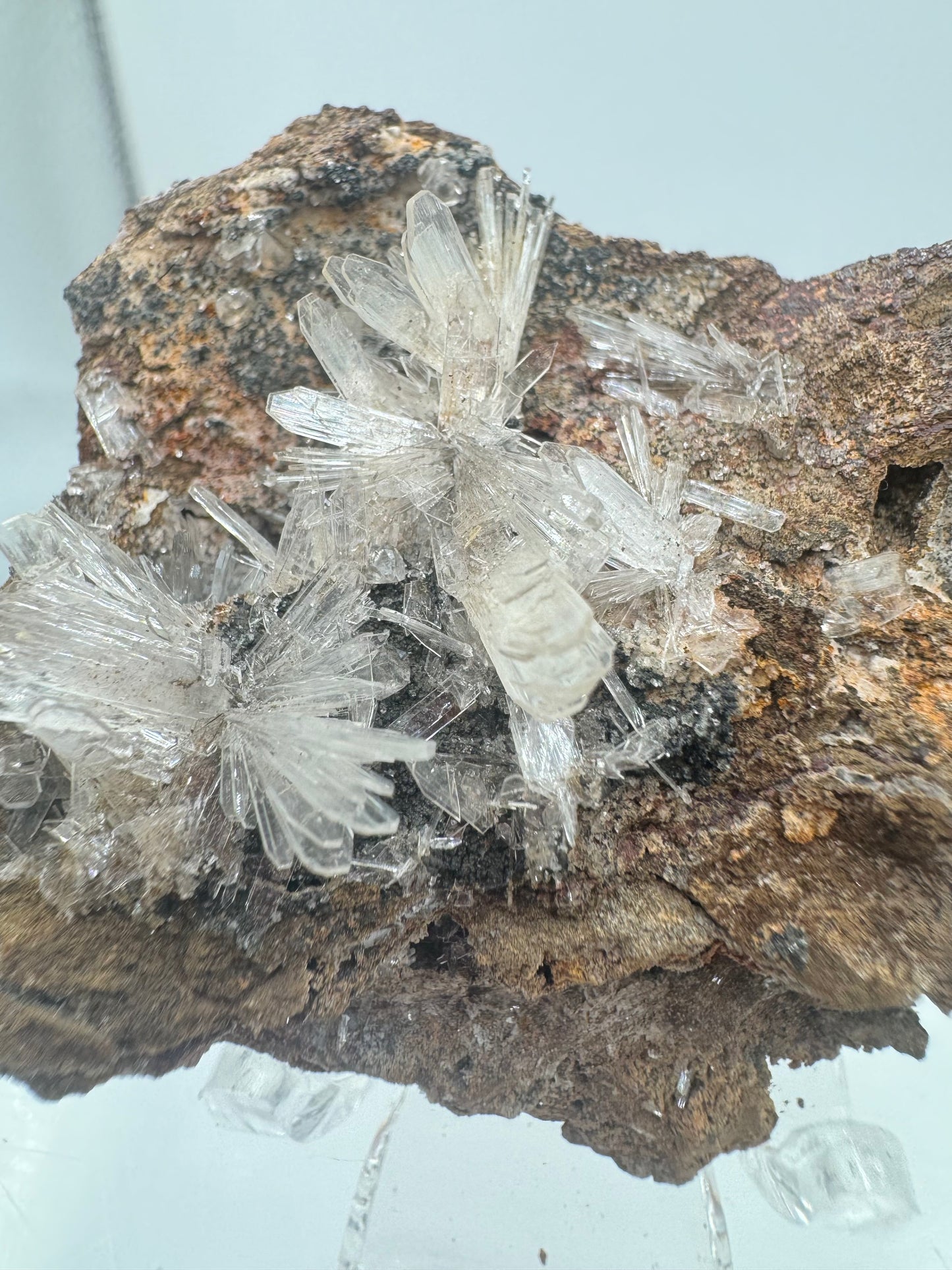 Hemimorphite And Hematite Mineral Specimen. Stunning Clear Crystal Flowers. Gorgeous Contrast In Color.