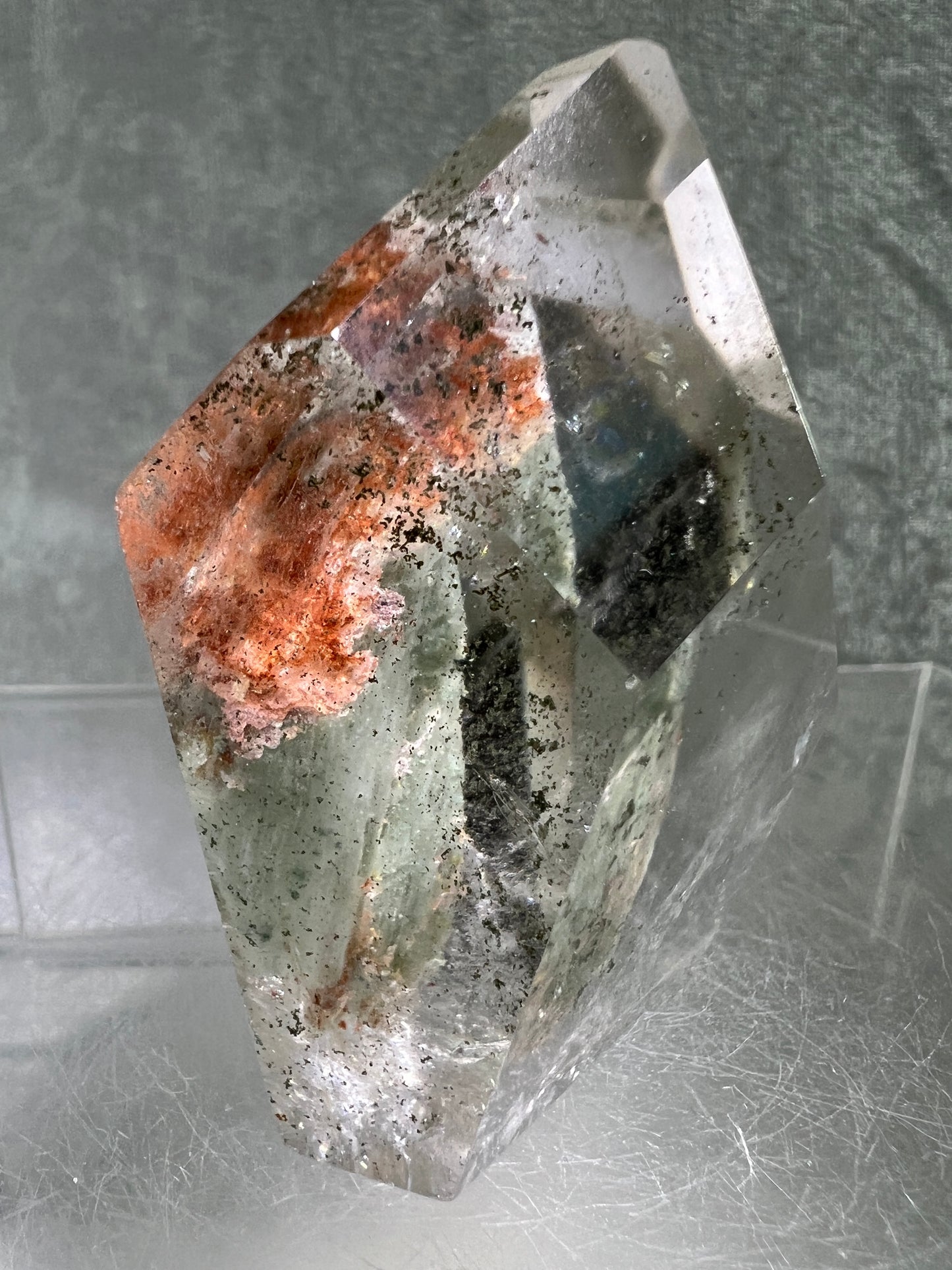 Garden Quartz Polished Freeform. Stunning Green And Orange Landscape Quartz. Incredible Standing Lodolite Freeform.