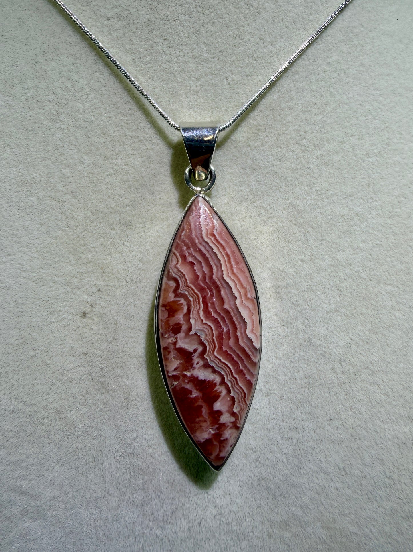 Rhodochrosite Crystal Pendant. S925 Silver Setting. Amazing Colors And Banding. High Quality Crystal Jewelry
