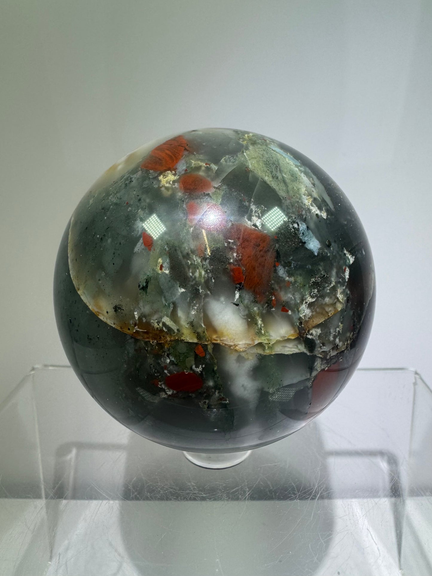 African Bloodstone Sphere From Swaziland. 66mm. Gorgeous Pyrite And Red Jasper Inclusions With Crazy Mosaic Patterns And Colors.