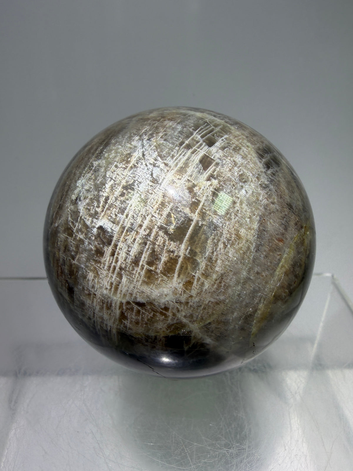 Black Moonstone Crystal Sphere. 55mm. Stunning Bright Silver Flash. High Quality Display Sphere