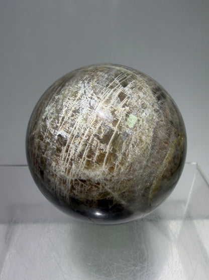 Black Moonstone Crystal Sphere. 55mm. Stunning Bright Silver Flash. High Quality Display Sphere