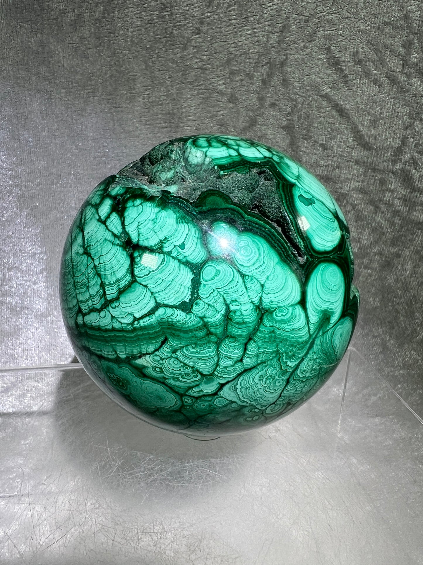 Malachite Crystal Sphere. 78mm. Incredible Large Druzy Malachite. Very High Quality Rare Display Sphere. Show Stopper!