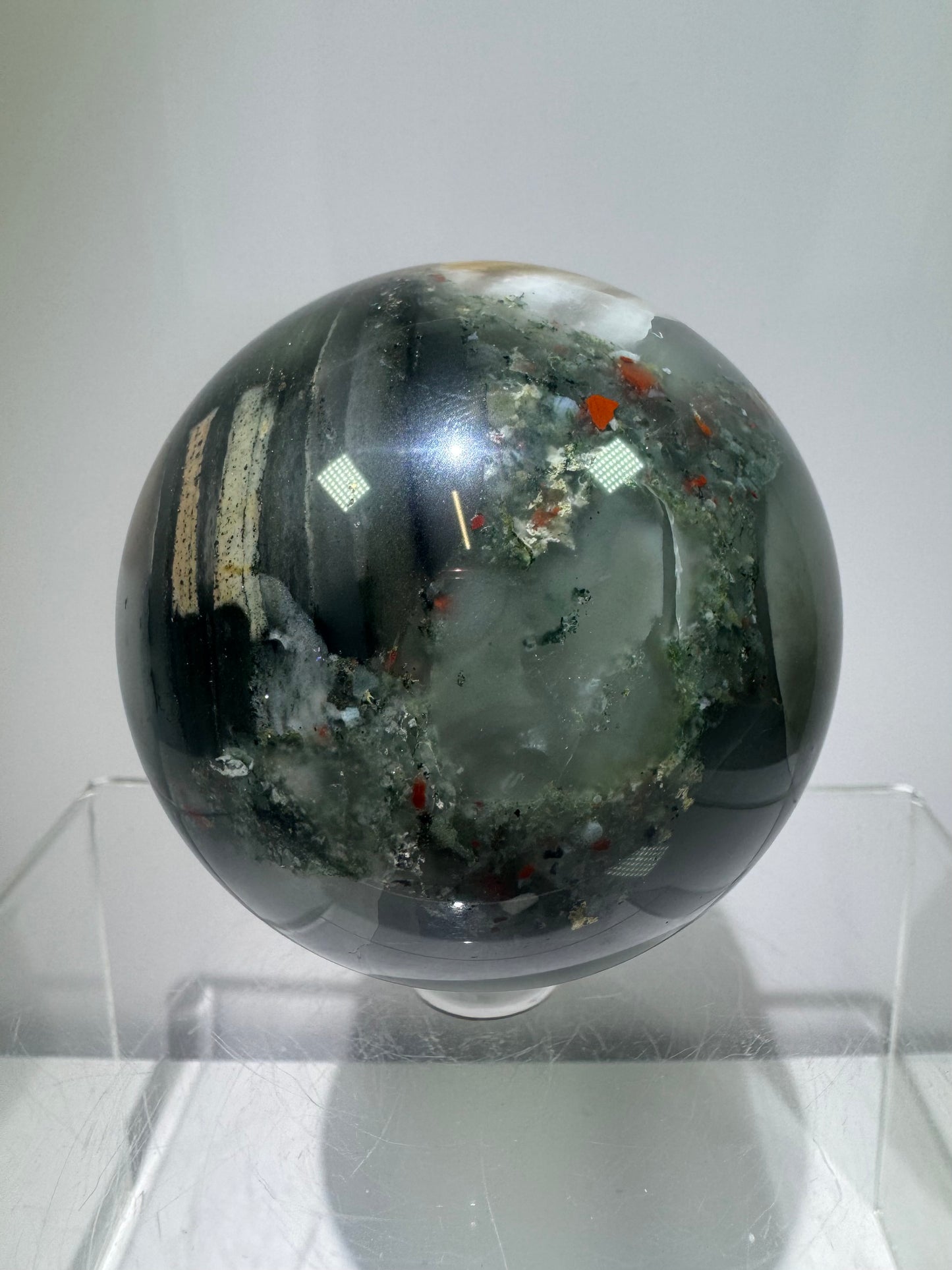 African Bloodstone Sphere From Swaziland. 66mm. Gorgeous Pyrite And Red Jasper Inclusions With Crazy Mosaic Patterns And Colors.