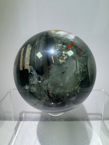 African Bloodstone Sphere From Swaziland. 66mm. Gorgeous Pyrite And Red Jasper Inclusions With Crazy Mosaic Patterns And Colors.