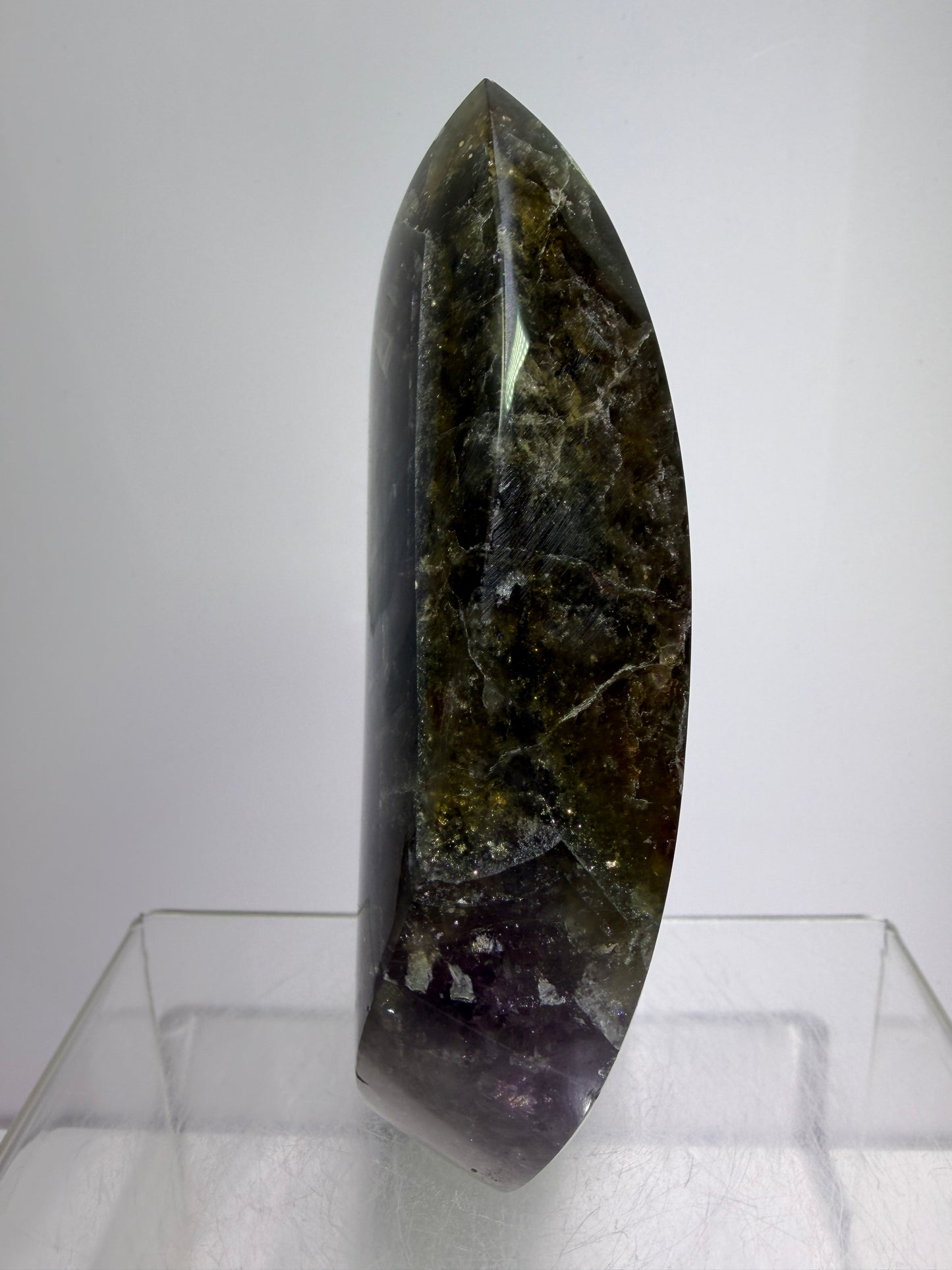 Amethyst Cacoxenite Flame. Stunning Purple Smoky Amethyst Polished Flame From Brazil. Beautiful Amethyst Display Crystal
