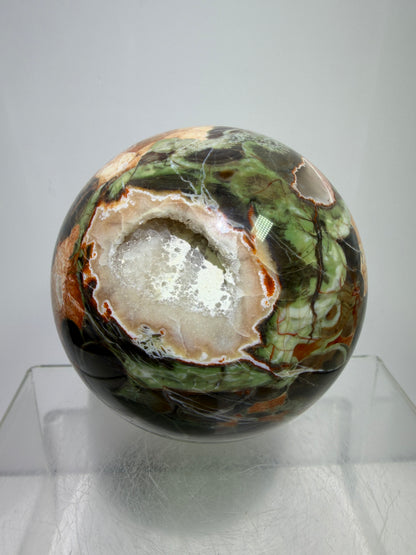 Money Agate Crystal Sphere. 73mm. Very Rare Shades Of Green. Stunning Druzy Indonesian Bloodstone. Amazing Colors And Patterns